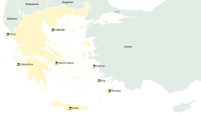 karta över Grekland och omgivande länder, där populära öar och destinationer som Rhodos, Kreta, Korfu och Halkidiki är utmarkerade.